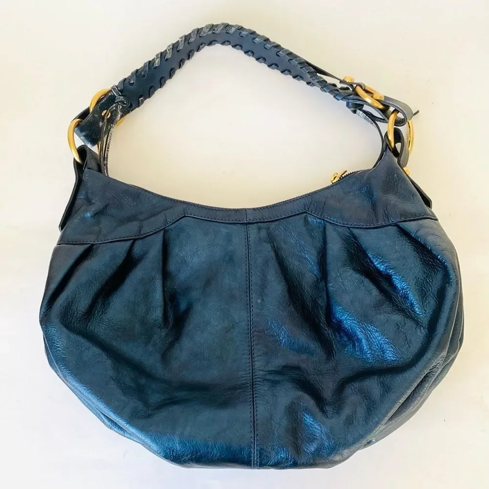 Francisco Biasia Elegant Navy Leather Hobo Bag Gold Tone Hardware Made in Italy